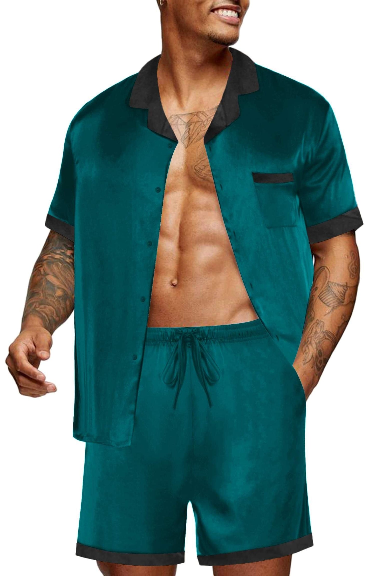 Ekouaer Men Satin Silk Pajamas Set with Pockets Sleepwear Shorts Satin Summer Loungewear 2 Piece Button Down Set S-3XL