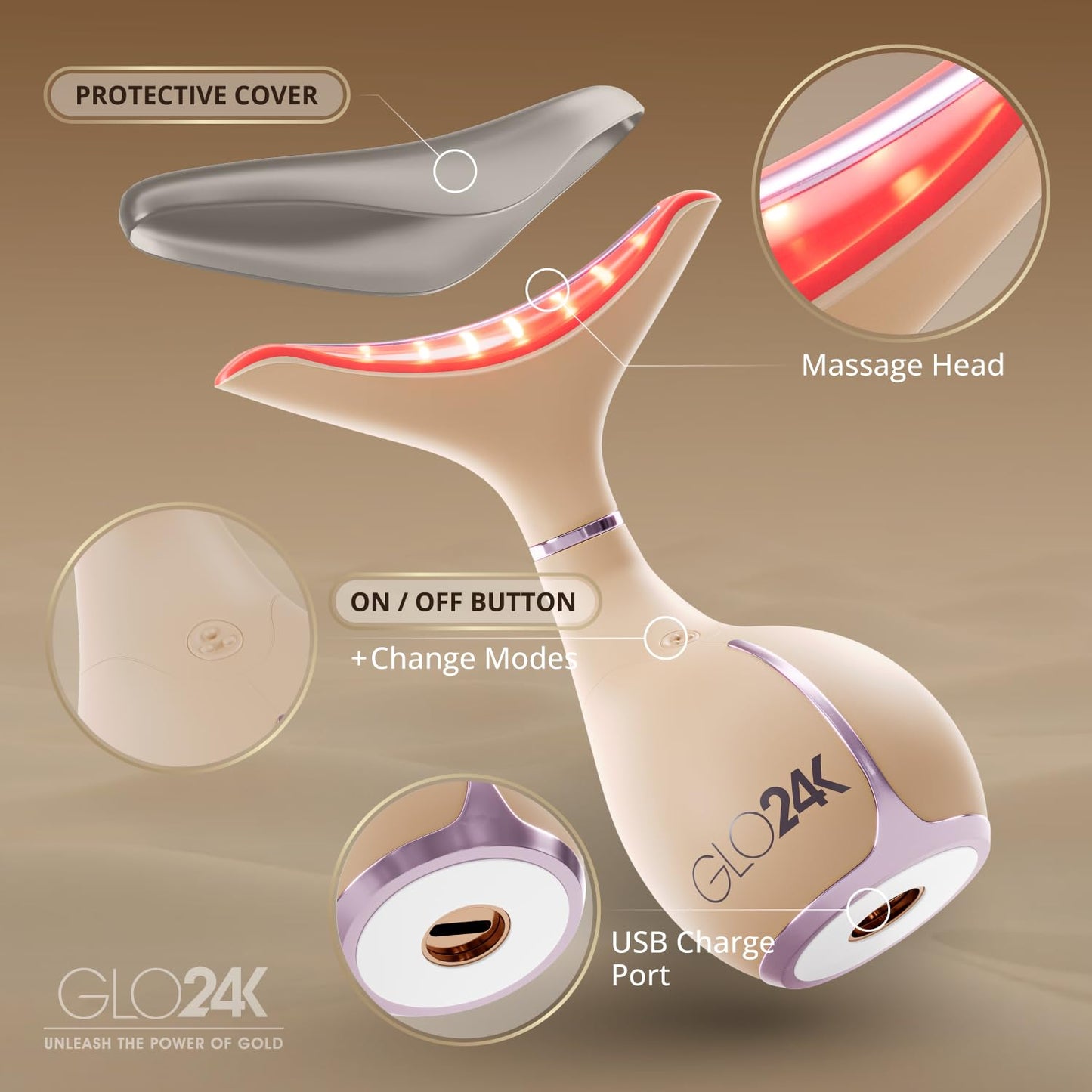 GLO24K LED Facial Massager for Face & Neck – Beauty Wand with LED Light, Vibration & Warm Massage – Cosmetic Skincare Tool
