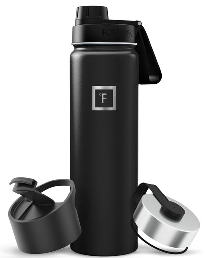 IRON °FLASK Camping & Hiking Hydration Flask with Straw, Wide Mouth Insulated Stainless Steel Sports Water Bottle - Midnight Black 24 oz - Straw (1 Lid)
