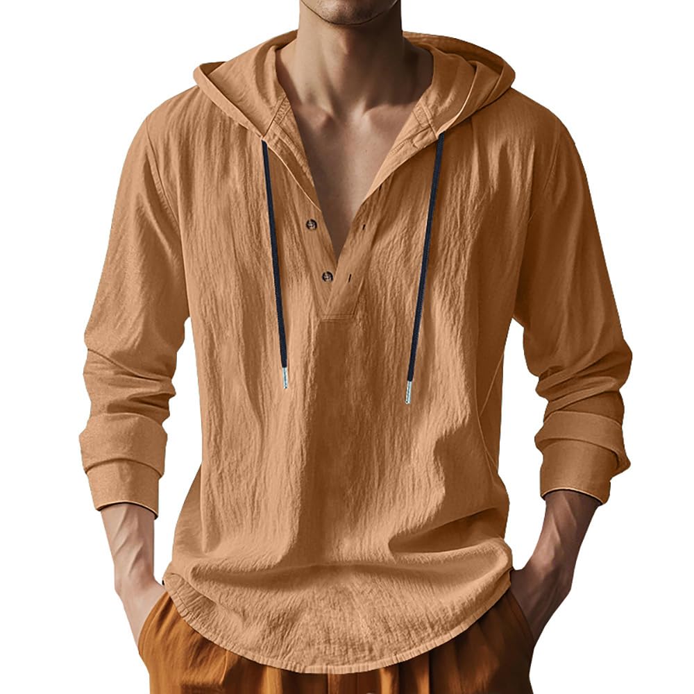 Mens Cotton Linen Hoodies Long Sleeve Button Down Shirts Casual Hawaiian Beach Yoga Sweatshirts