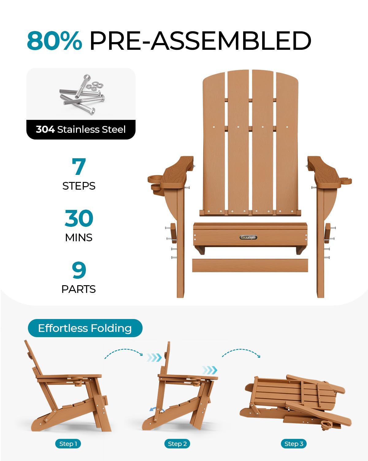 Folding Adirondack Chair, HDPE Adirondack Chairs with 2 Cup Holder, Plastic All-Weather Fire Pit Chairs, Outdoor Lawn Chair for Patio Garden (Grey)