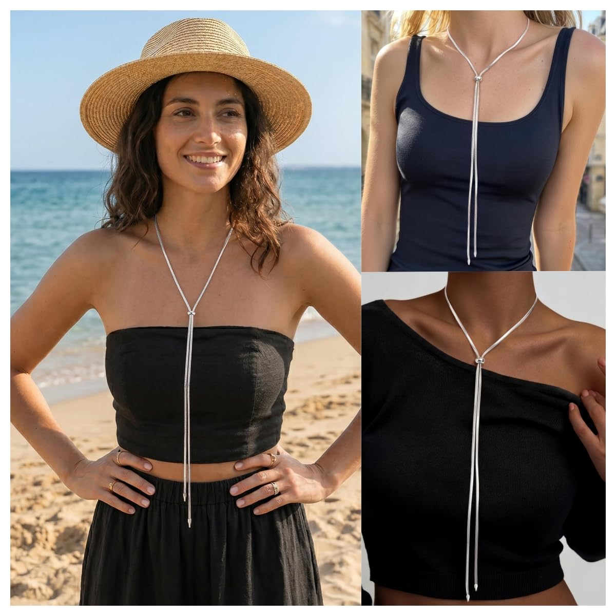Chunky Long Y Necklace for Women, Waterproof Herringbone Drop Dangle Necklace, Adjustable Lightweight Trendy Fashion Slip Tie Necklace, Thin Layered Choker Chest Chain