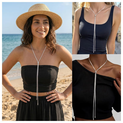 Chunky Long Y Necklace for Women, Waterproof Herringbone Drop Dangle Necklace, Adjustable Lightweight Trendy Fashion Slip Tie Necklace, Thin Layered Choker Chest Chain