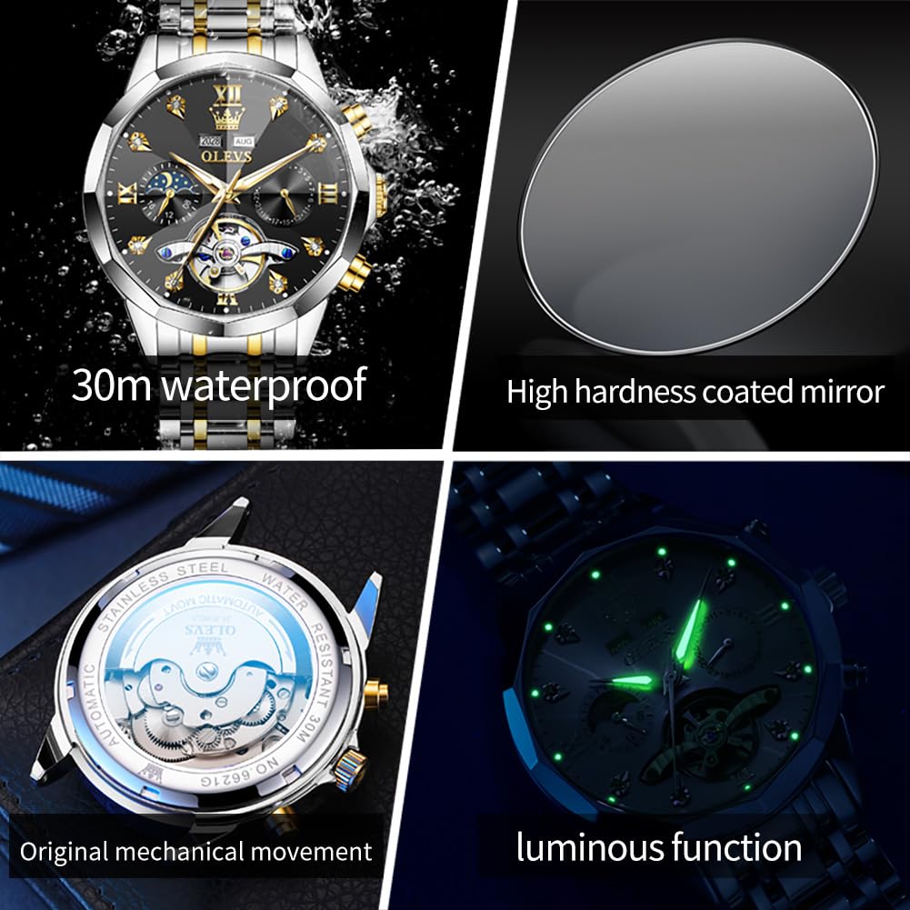 OLEVS Skeleton Men Watches Automatic Business Luxury Diamond Self Winding Watch for Men Stainless Steel Calendar Wrist Watch