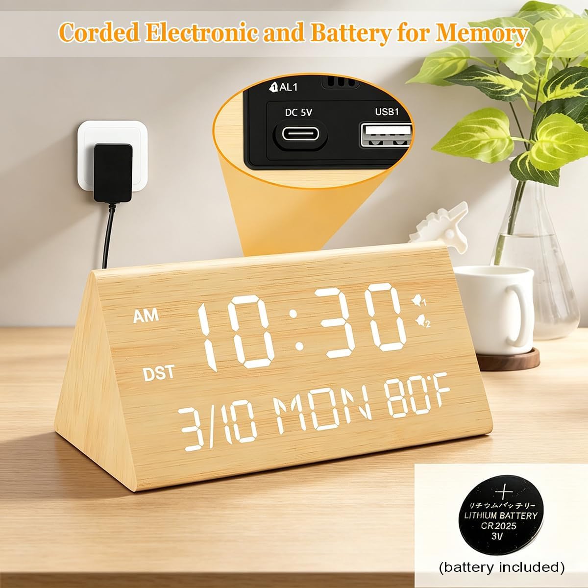 Kogonee Wooden Digital Alarm Clock, 0-100% Dimmer, 2 Alarm Settings, Weekday/Everyday Mode, 9 Mins Snooze, 12/24H, Temperature and Date Display for Office, Travel, Bedroom Alarm Clock (Brown)