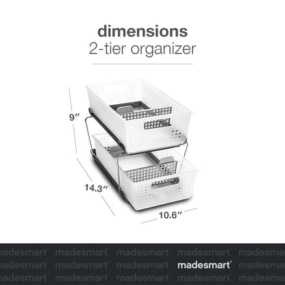 madesmart 2 Tier Bath Organizer, Undersink Storage with Sliding Drawers, for Cleaning Supplies, Pantry, Sponges, Bottles & Kitchen Essentials, Adjustable Dividers & Pull Out Sliding Baskets, Frost