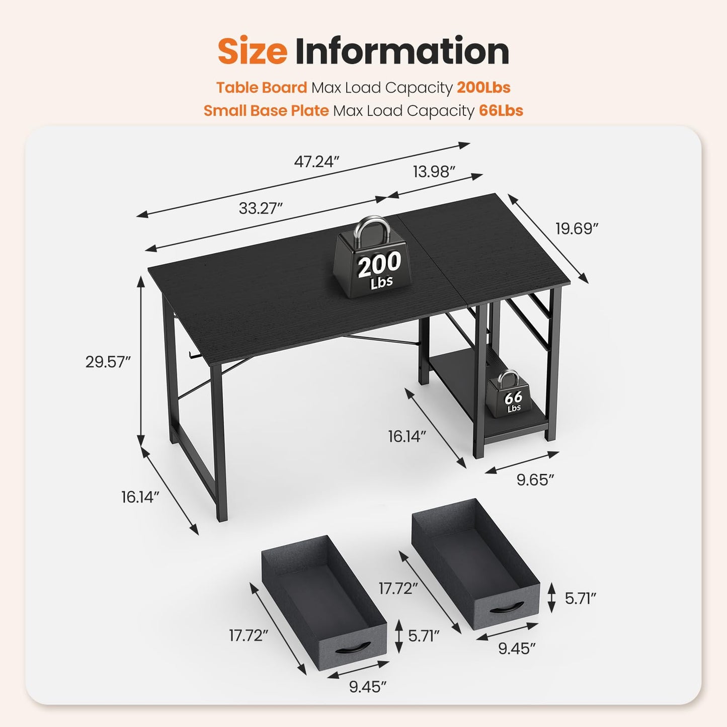 Sweetcrispy 47 Inch Computer Desk with Drawers for Home Office Writing Desk X Shaped Reinforcement Wood Surface Adjustable Position Modern Study Work Side Hook Metal Frame Storage Station Rust
