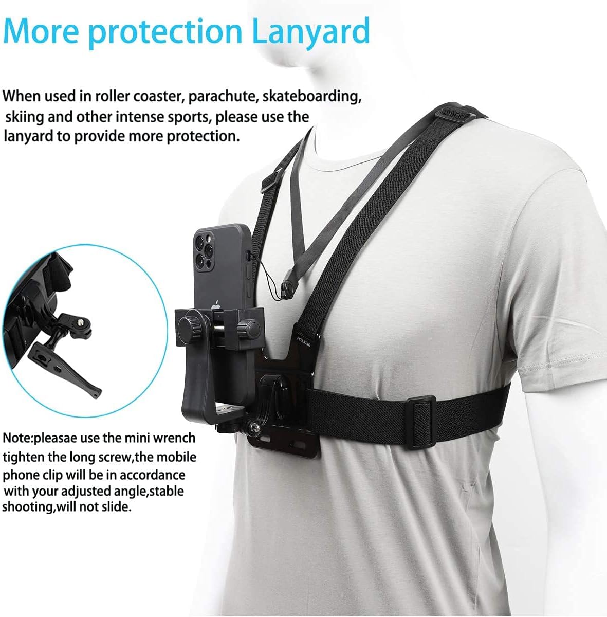 PellKing Mobile Phone Chest Mount Harness Strap Holder Cell Phone Clip Action Camera POV for Samsung iPhone Plus etc