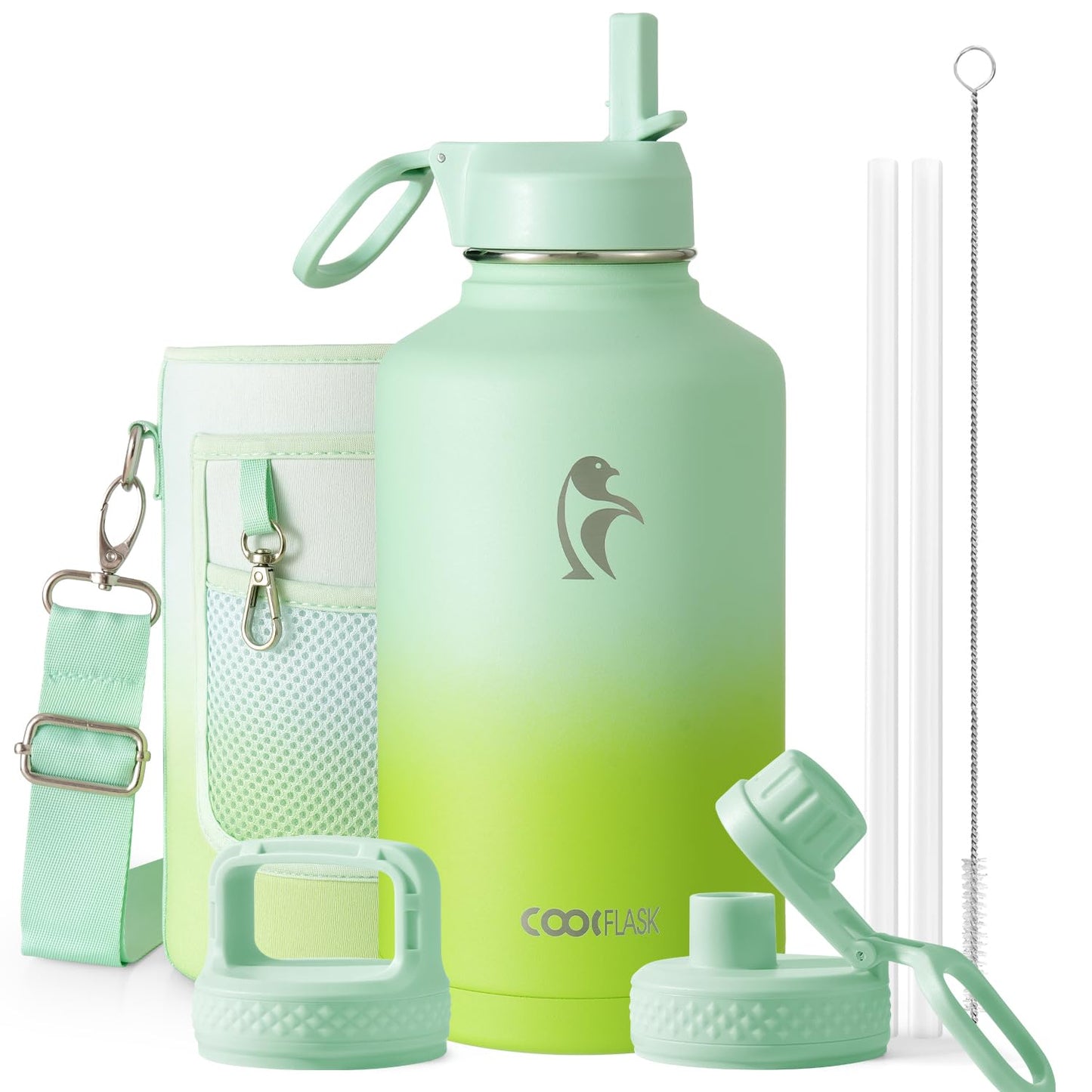 Half Gallon Water Bottle Insulated with Straw & 3 Lids, Coolflask 64 oz Water Jug Large Metal Stainless Steel Wide Mouth for Sports, Gym or Office, Non-BPA Keep Cold 48H Hot 24H, Samurai Cyan