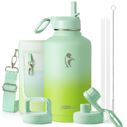 Half Gallon Water Bottle Insulated with Straw & 3 Lids, Coolflask 64 oz Water Jug Large Metal Stainless Steel Wide Mouth for Sports, Gym or Office, Non-BPA Keep Cold 48H Hot 24H, Samurai Cyan