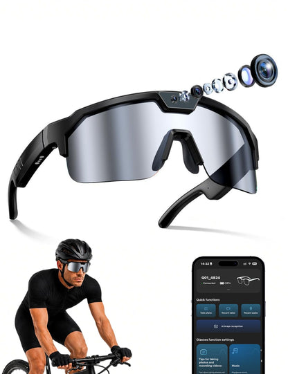 AI Smart Glasses with 30MP Camera, 4K HD Video Recording and Bluetooth Sport Glasses with ChatGPT Voice Real-Time Translation,IP66 UV400 Sunglasses for Baseball, Cycling & Hiking Black