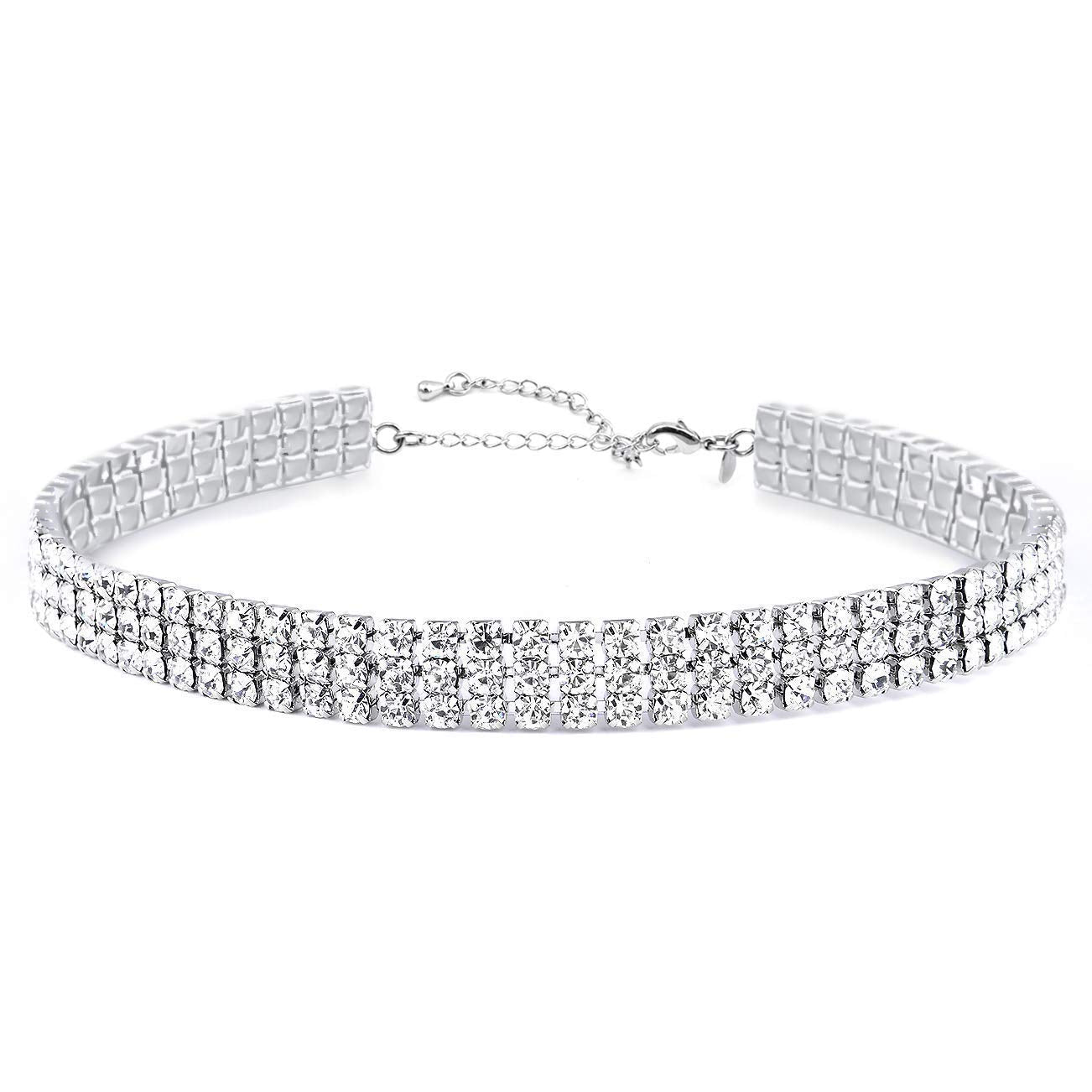 Zealmer 3 Row Rhinestone Choker Necklace for Women 18K Gold Plated