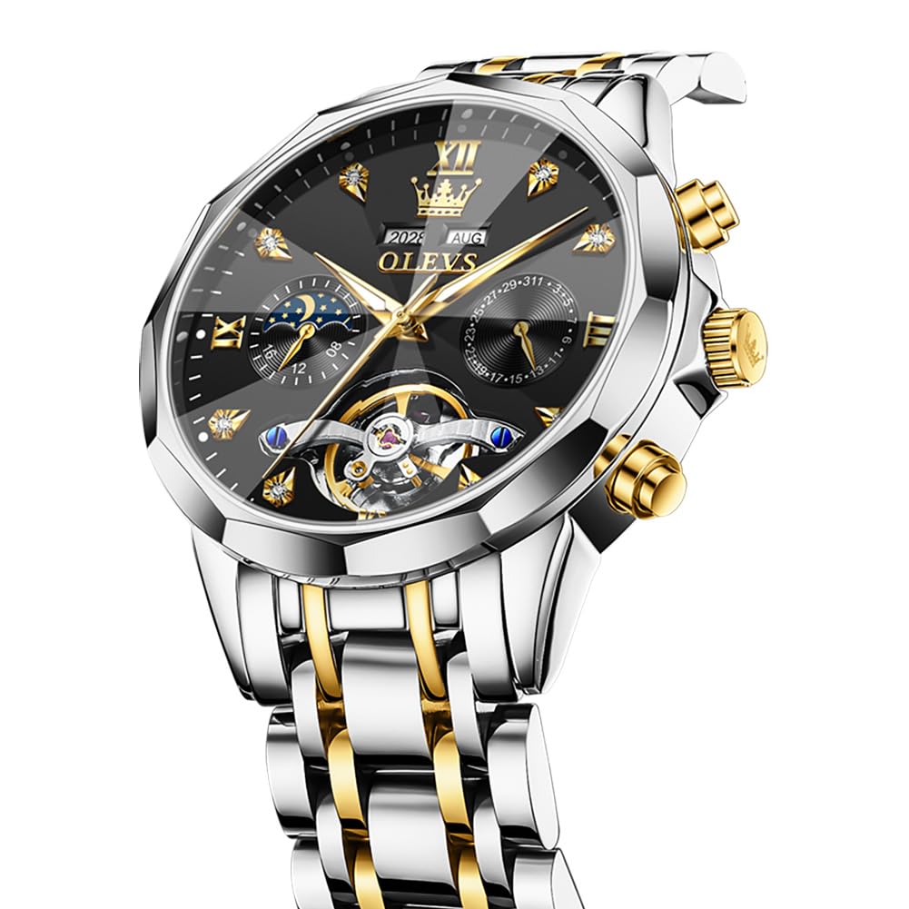 OLEVS Skeleton Men Watches Automatic Business Luxury Diamond Self Winding Watch for Men Stainless Steel Calendar Wrist Watch