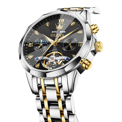 OLEVS Skeleton Men Watches Automatic Business Luxury Diamond Self Winding Watch for Men Stainless Steel Calendar Wrist Watch