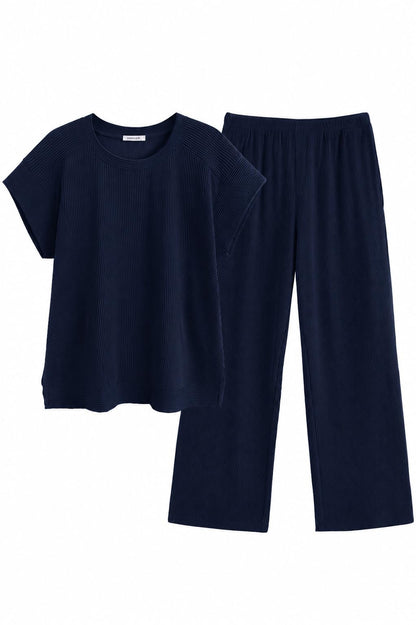 Ekouaer Two Piece Sets for Women 2026 Travel Outfits Short Sleeve Top Wide Leg Pants Rib Tracksuits Summer Fashion Lounge Set