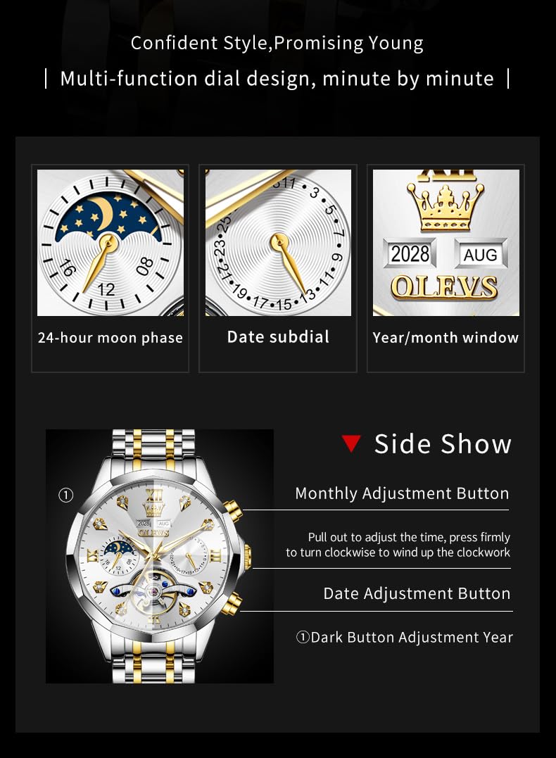 OLEVS Skeleton Men Watches Automatic Business Luxury Diamond Self Winding Watch for Men Stainless Steel Calendar Wrist Watch