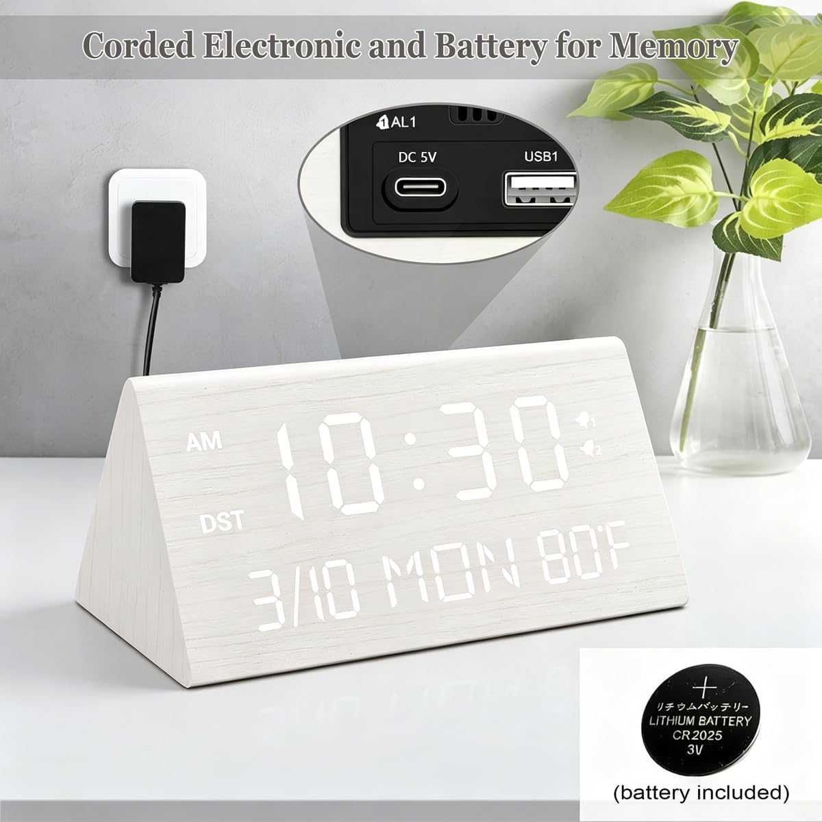 Kogonee Wooden Digital Alarm Clock, 0-100% Dimmer, 2 Alarm Settings, Weekday/Everyday Mode, 9 Mins Snooze, 12/24H, Temperature and Date Display for Office, Travel, Bedroom Alarm Clock (Brown)