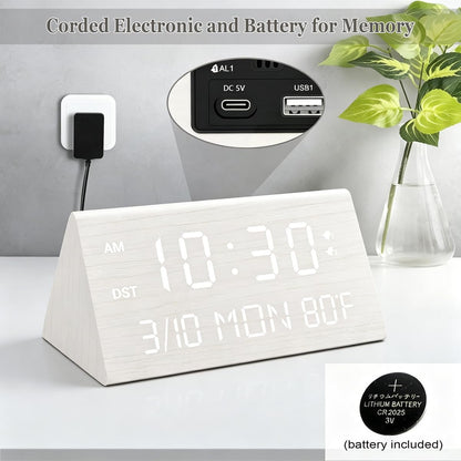 Kogonee Wooden Digital Alarm Clock, 0-100% Dimmer, 2 Alarm Settings, Weekday/Everyday Mode, 9 Mins Snooze, 12/24H, Temperature and Date Display for Office, Travel, Bedroom Alarm Clock (Brown)