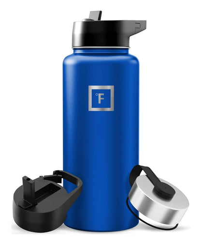 IRON °FLASK Camping & Hiking Hydration Flask with Straw, Wide Mouth Insulated Stainless Steel Sports Water Bottle - Midnight Black 24 oz - Straw (1 Lid)