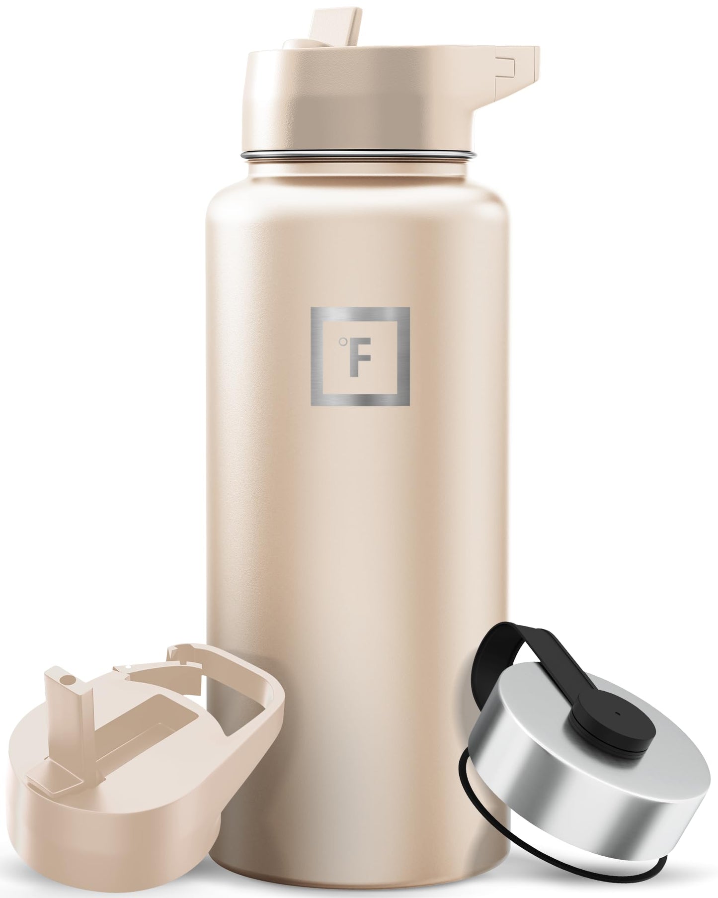 IRON °FLASK Camping & Hiking Hydration Flask with Straw, Wide Mouth Insulated Stainless Steel Sports Water Bottle - Midnight Black 24 oz - Straw (1 Lid)