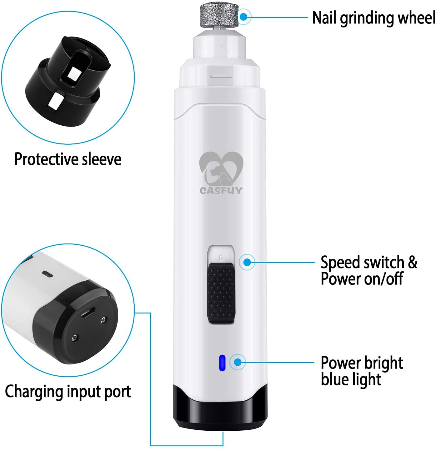 Casfuy Dog Nail Grinder Upgraded - Professional 2-Speed Whisper-Quiet Electric Pet Nail Trimmer Painless Paws Grooming & Smoothing for Small Medium Large Dogs & Cats (Dark Blue)