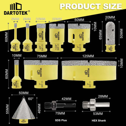 Diamond Core Drill Bits Set for Tile, DARTOTEK 10PCS Porcelain Hole Saw Kit with Aluminum Case, (6/6/8/20/35/50/65mm+2" Chamfer bit +SDS Adapter, Dry/Wet Drilling for Ceramic, Granite & Marble