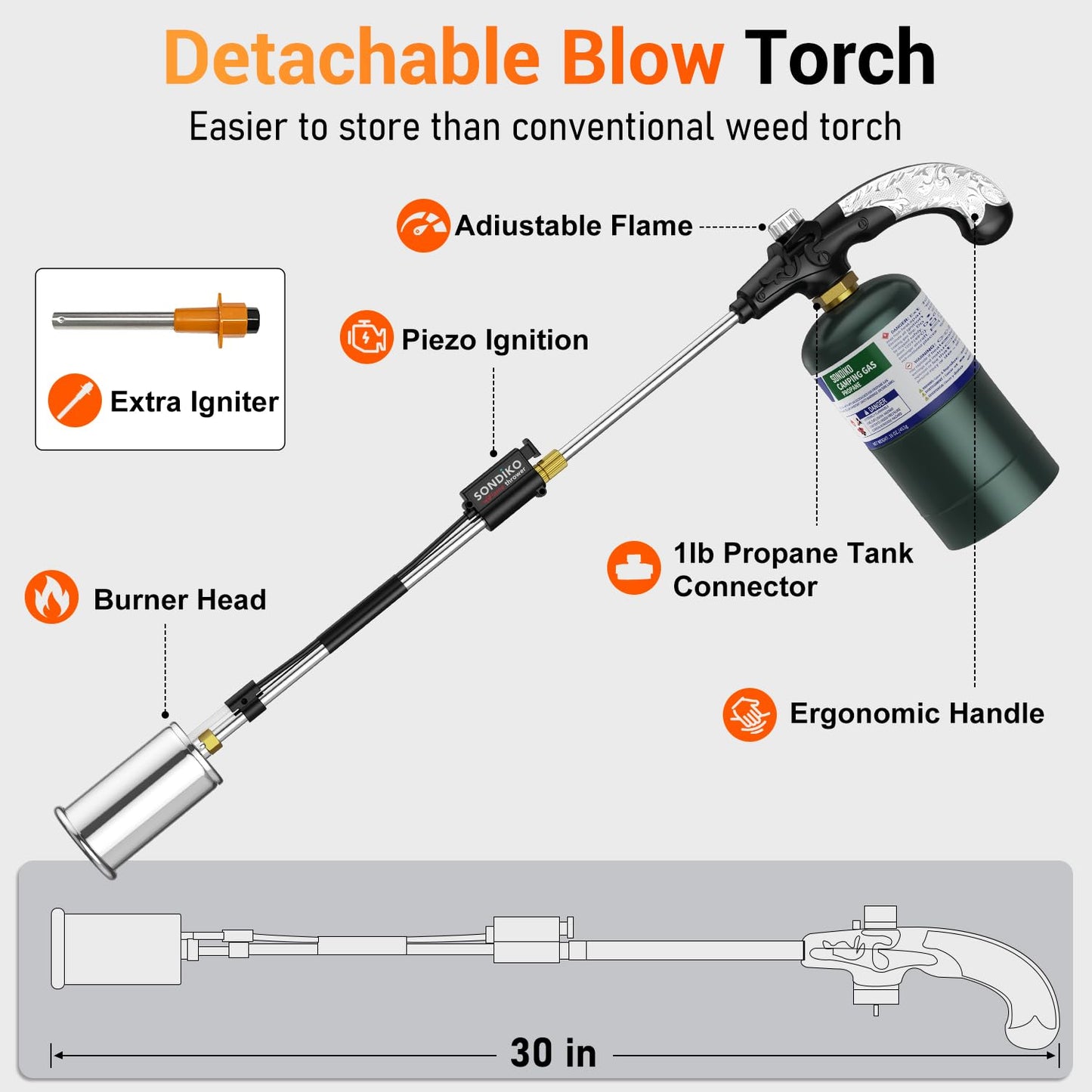 Sondiko Propane Torch Weed Burner, High Output Weed Torch Flamethrower, 30" Detachable Long Arm Heavy Duty Blow Torch For Garden, Wood, Ice, Snow, Melting(PROPANE TANK NOT INCLUDED)