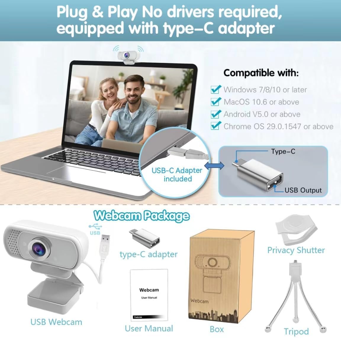 Webcam HD 1080p ,Live Streaming HD Camera with Stereo Microphone, PC Desktop or Laptop USB Webcam with 110 Degree View Angle, for Switch 2,Video Calling, Recording, Conferencing, Streaming, Gaming