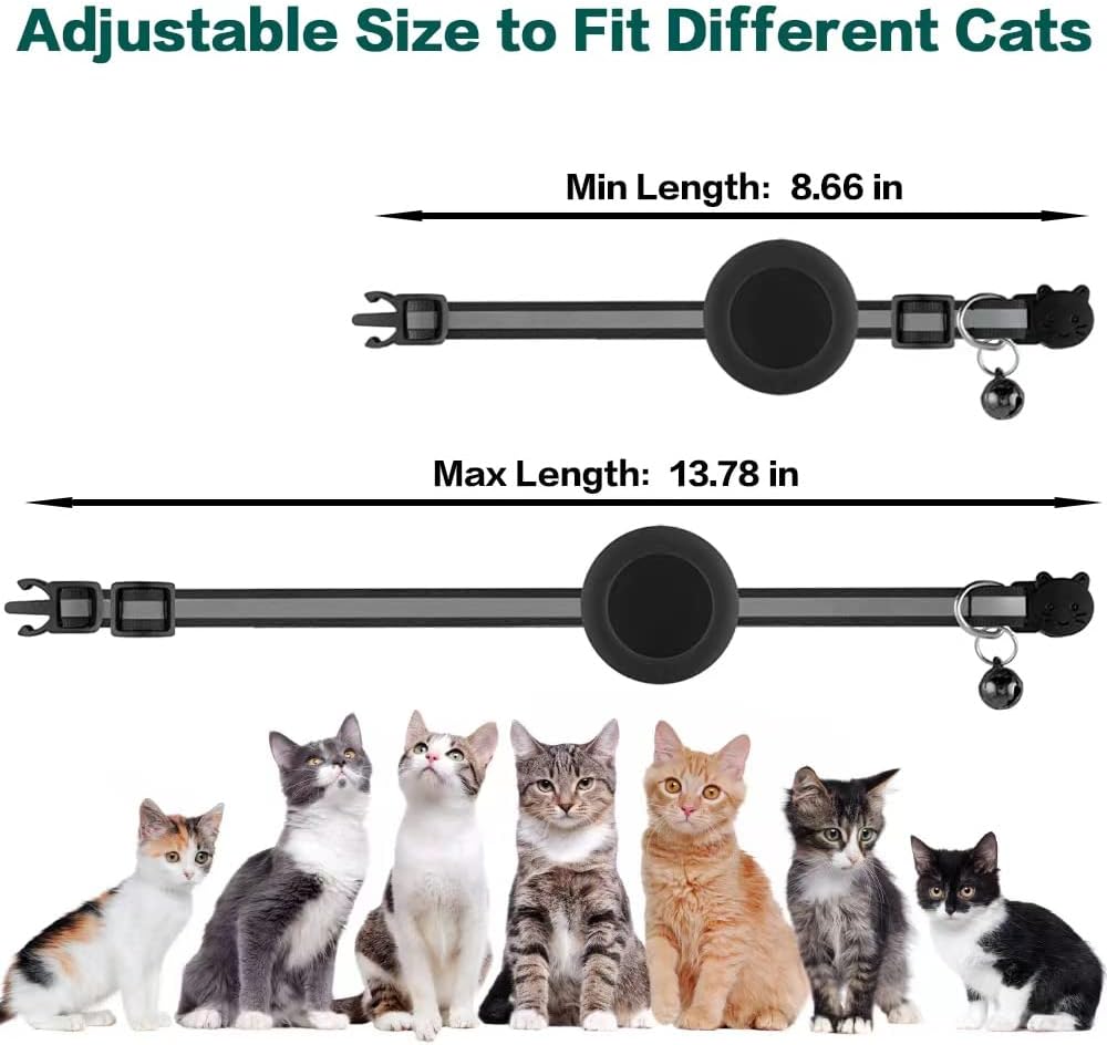 Airtag Cat Collar Breakaway, Cat Collar with Air Tag Holder(Black) | Safety Breakaway Buckle, Reflective Strip, Lightweight, Bell, 0.4 Inches in Width, Adjustable Size to Fit Different Cats