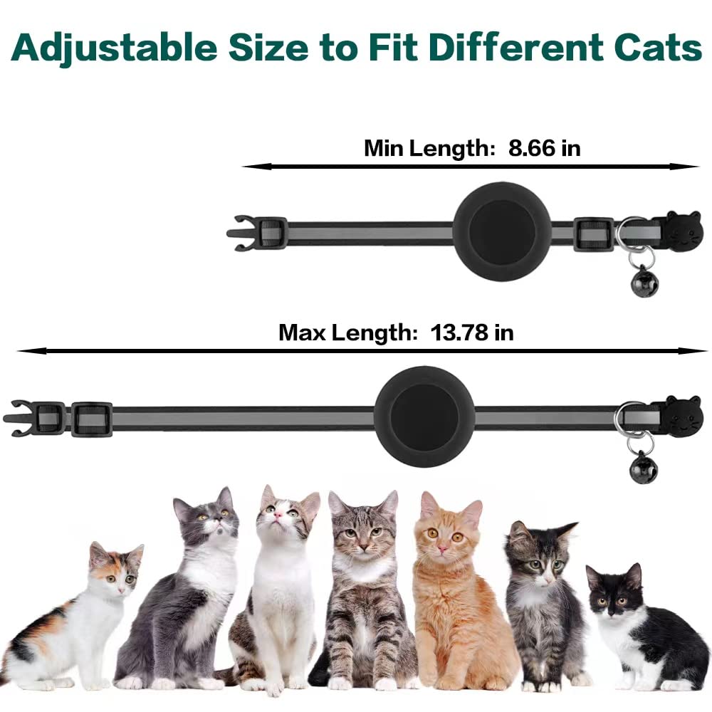 Airtag Cat Collar Breakaway, Cat Collar with Air Tag Holder(Black) | Safety Breakaway Buckle, Reflective Strip, Lightweight, Bell, 0.4 Inches in Width, Adjustable Size to Fit Different Cats
