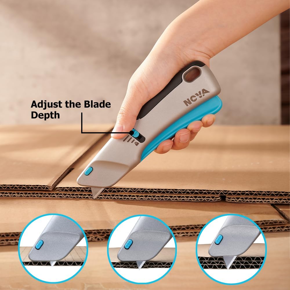 Nova Squeeze Trigger Utility Knife and Heavy Duty Box Cutter, Self Retractable Safety Knife for Cardboard & Work, Ergonomic Aluminum Body, Safety-Lock Design, Durable and Safe