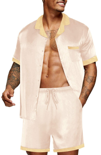 Ekouaer Men Satin Silk Pajamas Set with Pockets Sleepwear Shorts Satin Summer Loungewear 2 Piece Button Down Set S-3XL