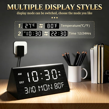Kogonee Wooden Digital Alarm Clock, 0-100% Dimmer, 2 Alarm Settings, Weekday/Everyday Mode, 9 Mins Snooze, 12/24H, Temperature and Date Display for Office, Travel, Bedroom Alarm Clock (Brown)