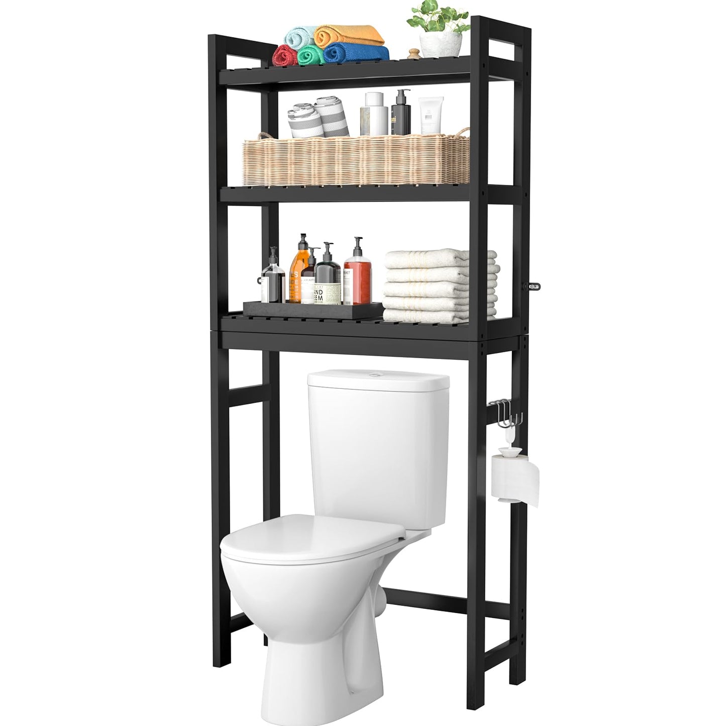 Homykic Over The Toilet Storage, Bamboo Over Toilet Bathroom Organizer Rack, Freestanding Bathroom Shelves Above Toilet Storage with 3 Hooks, Bathroom Space Saver, No Rust, Easy to Assemble, White