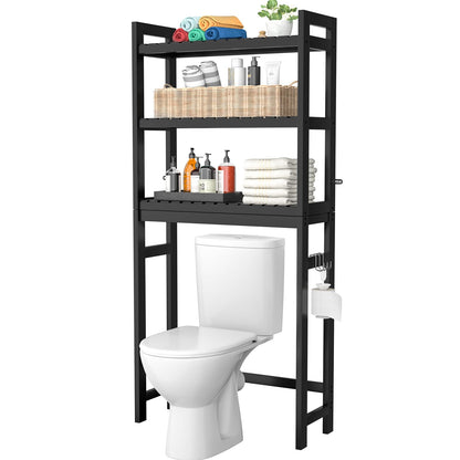 Homykic Over The Toilet Storage, Bamboo Over Toilet Bathroom Organizer Rack, Freestanding Bathroom Shelves Above Toilet Storage with 3 Hooks, Bathroom Space Saver, No Rust, Easy to Assemble, White