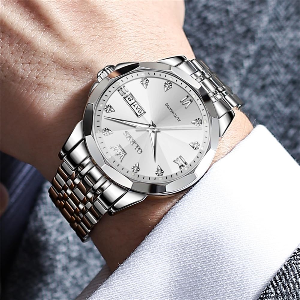 OLEVS Skeleton Men Watches Automatic Business Luxury Diamond Self Winding Watch for Men Stainless Steel Calendar Wrist Watch