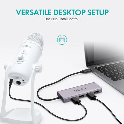 Movo USB Podcast Equipment Bundle for 4 – USB Interface with 4 UM700 Condenser Microphones – 4-Port Powered Hub for Streaming, Podcasting, Interviews (White)
