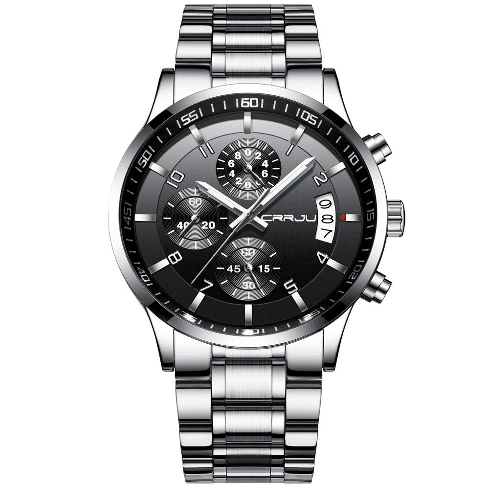 CRRJU Men's Fashion Stainless Steel Watches Date Waterproof Chronograph Wristwatches,Black Steel Band Waterproof Quartz Watch for Men
