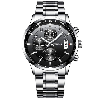 CRRJU Men's Fashion Stainless Steel Watches Date Waterproof Chronograph Wristwatches,Black Steel Band Waterproof Quartz Watch for Men