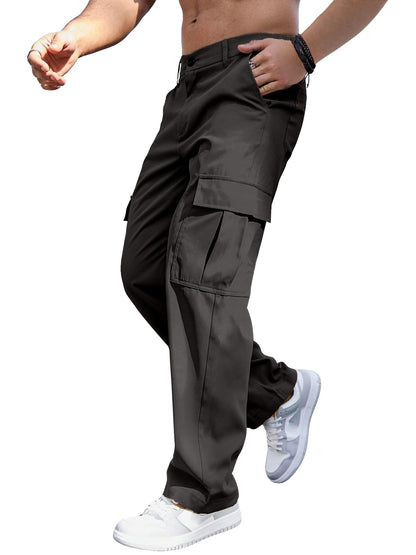 Comdecevis Mens Casual Cargo Pants Baggy Straight Leg Sweatpants with Large Flap Pockets Hiking Sports Trousers