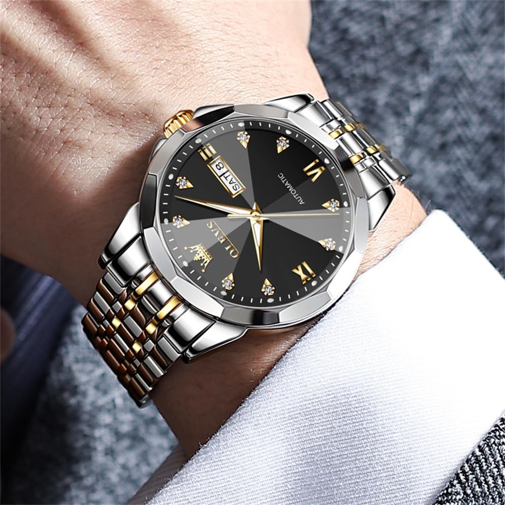 OLEVS Skeleton Men Watches Automatic Business Luxury Diamond Self Winding Watch for Men Stainless Steel Calendar Wrist Watch