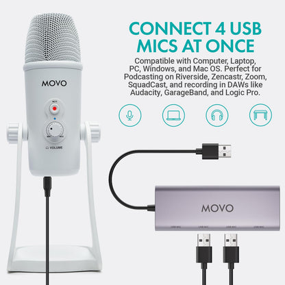 Movo USB Podcast Equipment Bundle for 4 – USB Interface with 4 UM700 Condenser Microphones – 4-Port Powered Hub for Streaming, Podcasting, Interviews (White)