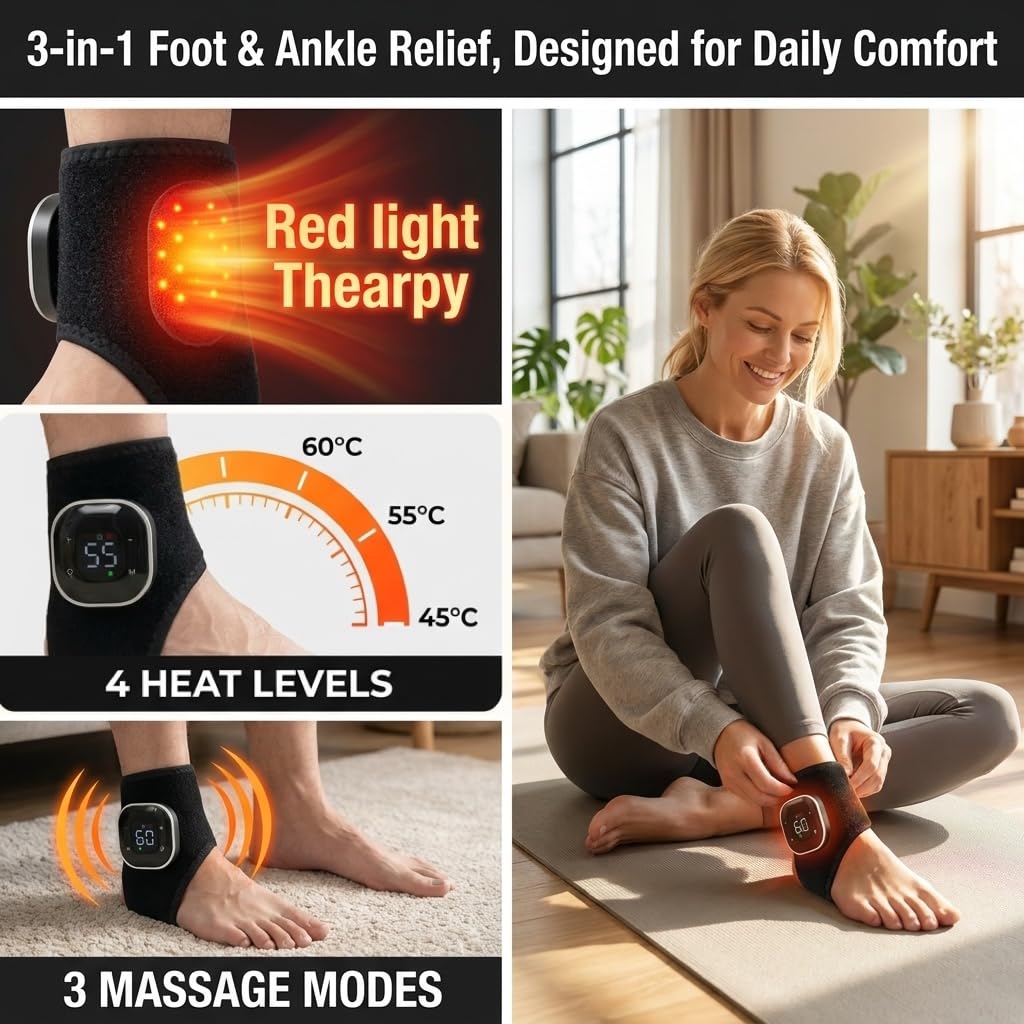 Red Light Cordless Ankle Massager with Heat & Vibration, for Foot & Ankle Pain Relief, 5 Heat Levels, 3 Massage Modes,Travel & Home Use (Charcoal Black-2 Pack)