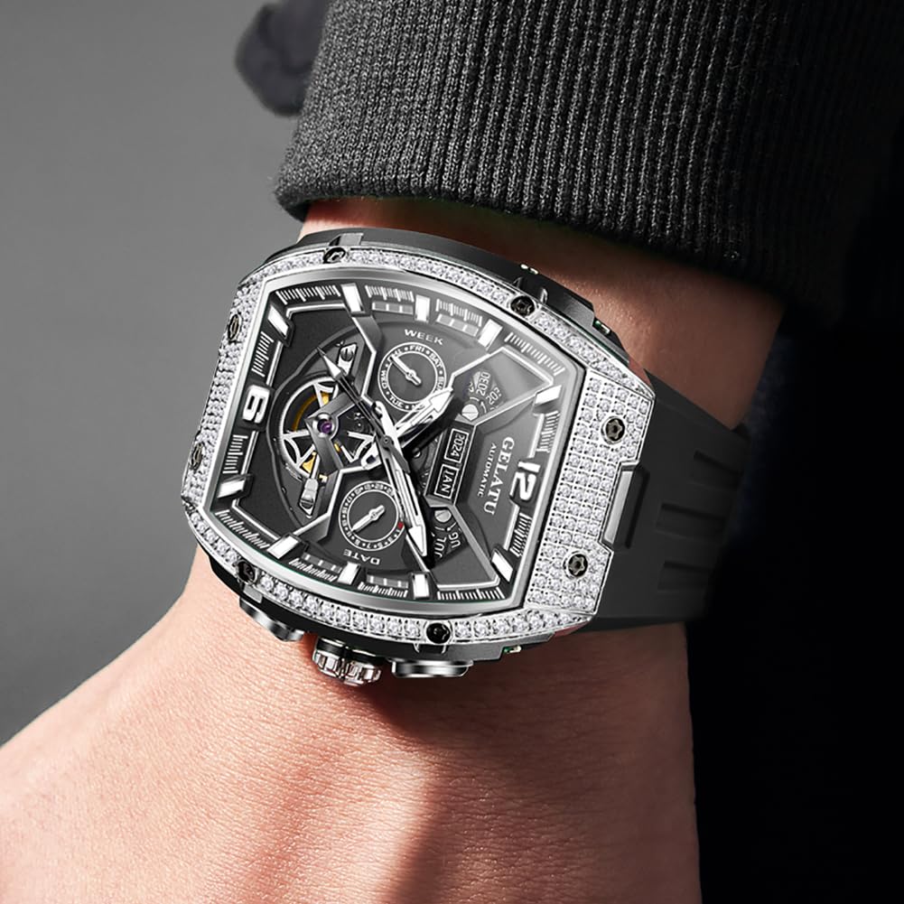 OLEVS Skeleton Men Watches Automatic Business Luxury Diamond Self Winding Watch for Men Stainless Steel Calendar Wrist Watch