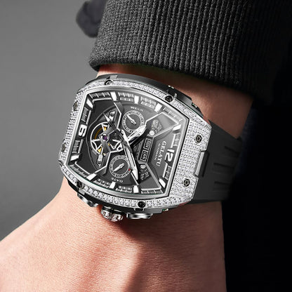OLEVS Skeleton Men Watches Automatic Business Luxury Diamond Self Winding Watch for Men Stainless Steel Calendar Wrist Watch