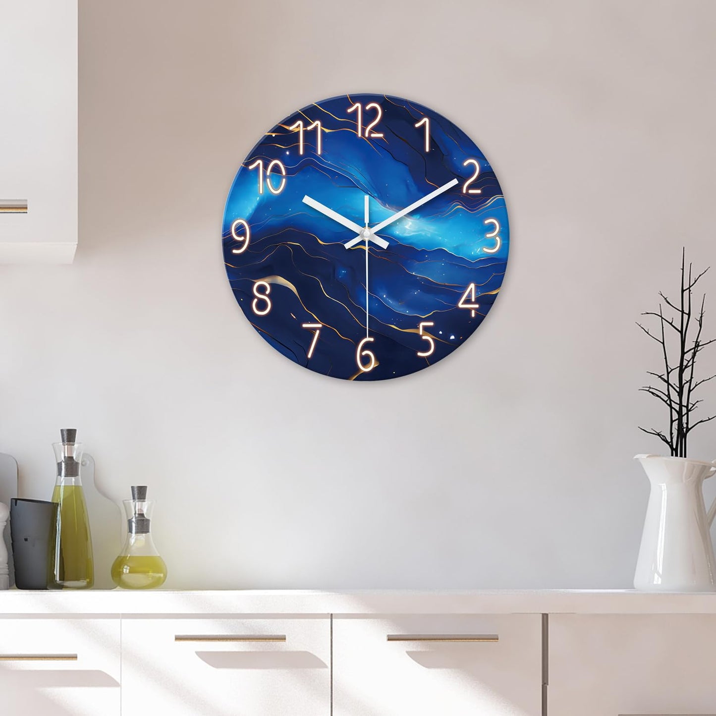 White Marble Glass Wall Clocks Battery Operated 12 Inch Abstract Decorative Analog Wall Clocks for Living Room Bedroom Office Silent Wall Clock Modern