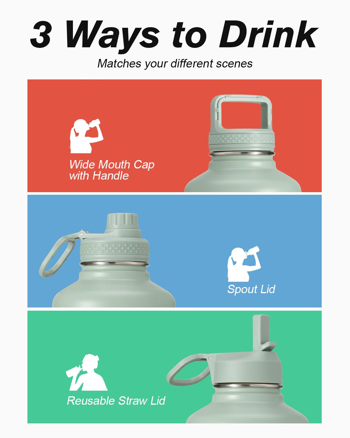 Half Gallon Water Bottle Insulated with Straw & 3 Lids, Coolflask 64 oz Water Jug Large Metal Stainless Steel Wide Mouth for Sports, Gym or Office, Non-BPA Keep Cold 48H Hot 24H, Samurai Cyan