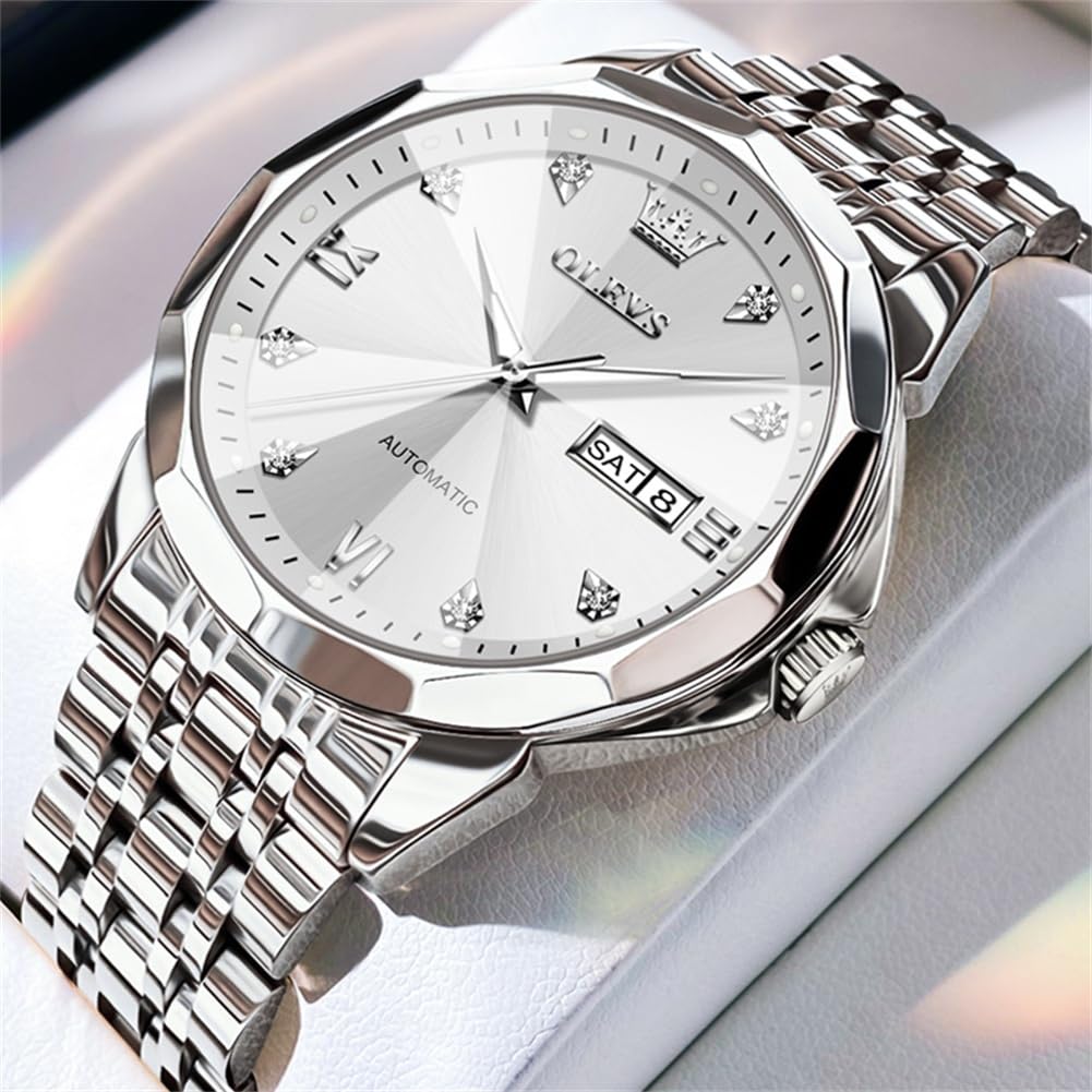 OLEVS Skeleton Men Watches Automatic Business Luxury Diamond Self Winding Watch for Men Stainless Steel Calendar Wrist Watch