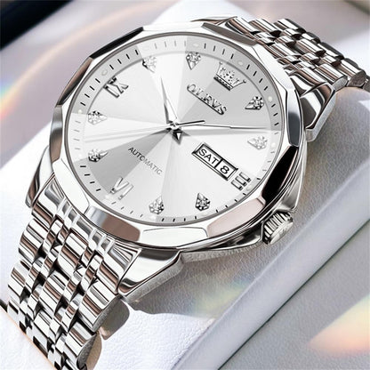 OLEVS Skeleton Men Watches Automatic Business Luxury Diamond Self Winding Watch for Men Stainless Steel Calendar Wrist Watch