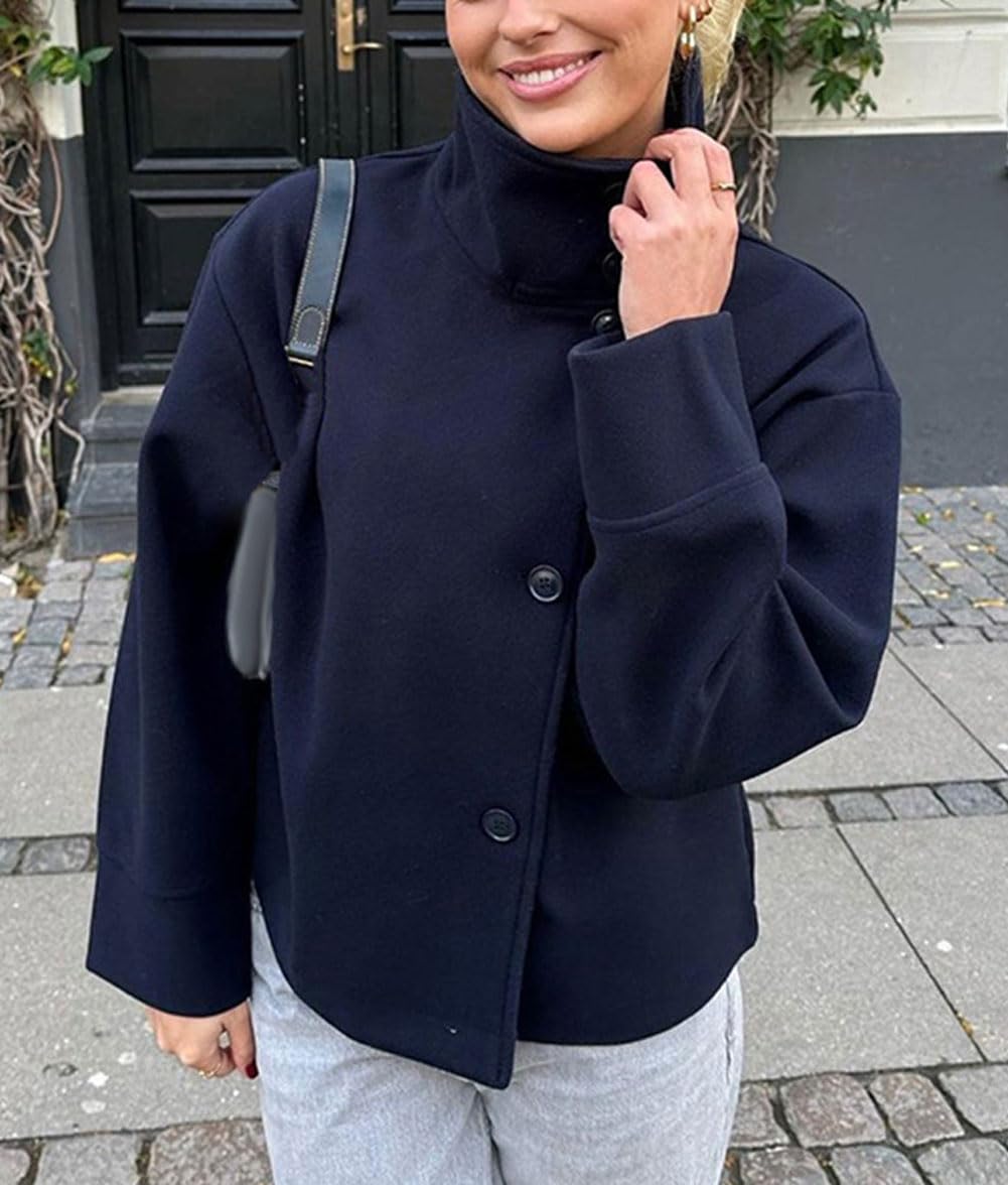 CHARTOU Women Crop Pea Coat Wool Blend Winter Loose Casual Short Jacket Outwear